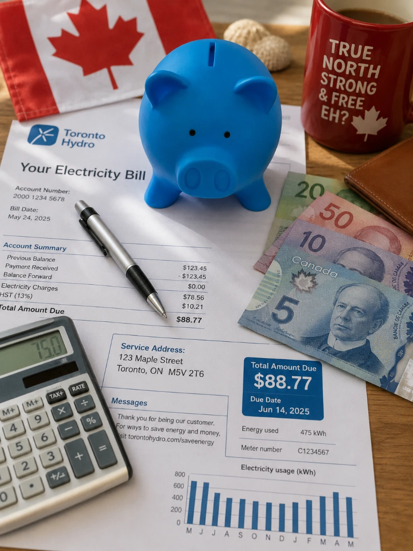 Canadian household electricity bill, calculator and cash on a table